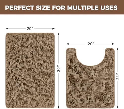 Bcoimo U Shaped Bath Rug Mat Set, 2 Piece Chenille Tan Toilet Bathroom Rugs - Image 2