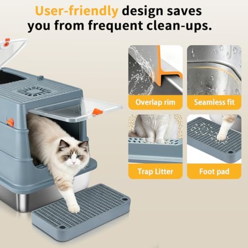Stainless Steel Cat Litter Box, 2-Piece XL Enclosed Litter Box, Anti-Splash & - Image 4