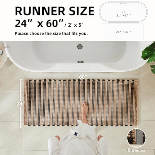 TYUU Waffle Runner Rug Bathroom, Long Boho Bath Mat, 60x24 Black & Khaki - Image 2