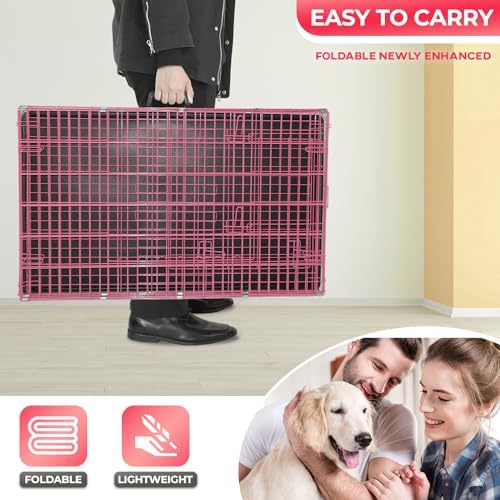 FDW | 48" Foldable Metal Dog Crate | Pink | Cage - Image 5
