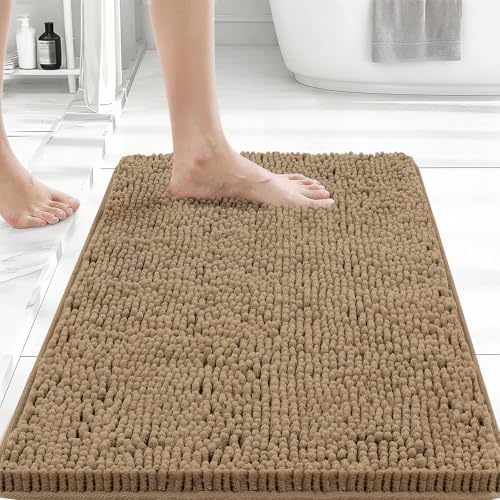 Bcoimo Small Bath Rug Mat, 24x17 Chenille Non Slip Tan Bathroom Shower Mats by Bcoimo