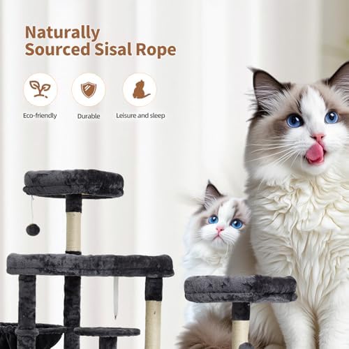 Upgraded 64.5 Inch Multi Cat Tree 3 Perches 2 Beds 2 Baskets Grey - Image 4