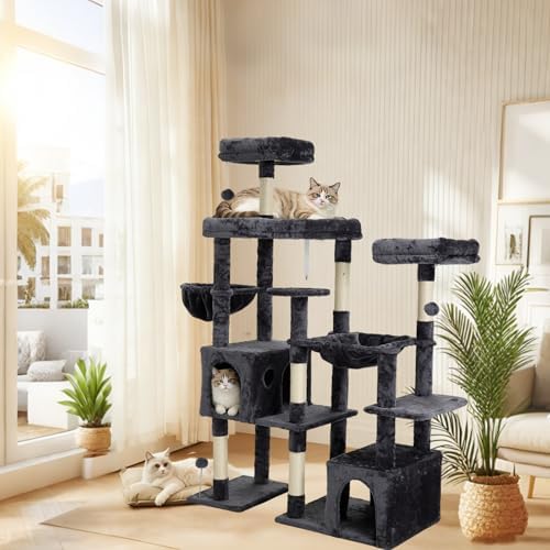 Upgraded 64.5 Inch Multi Cat Tree 3 Perches 2 Beds 2 Baskets Grey - Image 6