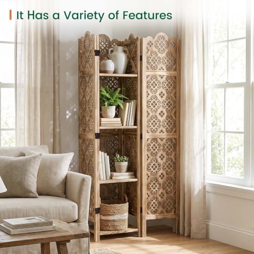 Svimi Wood Room Divider with 4-Tier Shelves, 4 Panel Privacy Screen - Image 5