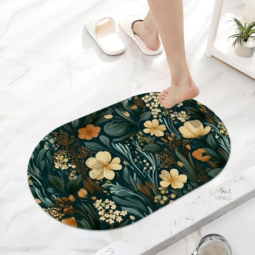 Dark Teal Leaves Flowers Super Absorbent Quick-Drying Bathroom Mat Rug - Image 6