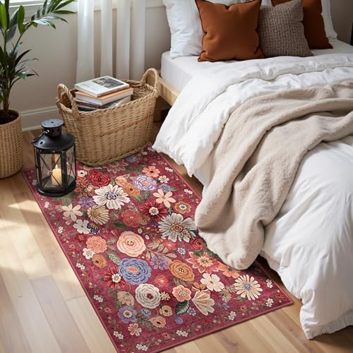 Red Floral Hallway Runner Rug 2x5 - Image 2