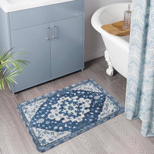 Uphome Boho Bathroom Rugs Blue Vintage Non-Slip Bath Rug Oriental Soft Machine - Image 6