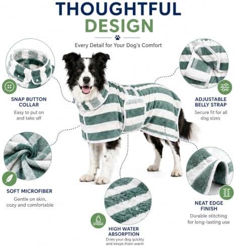 Quick-Dry Dog Bathrobe, Absorbent Striped Pet Towel Coat，Green：L - Image 4