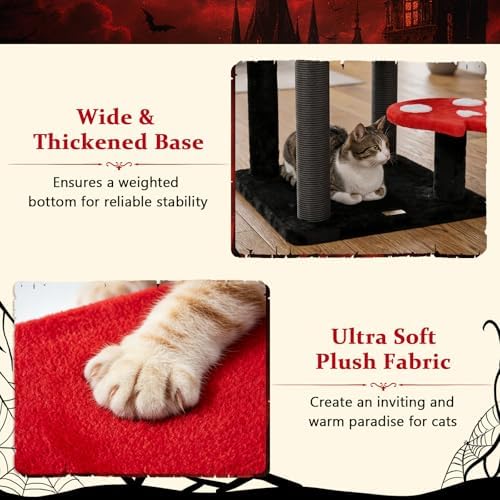 PETSITE 57-inch Gothic Cat Tree, Bat-Shaped Dangling Ball, Comfy Condo - Image 6