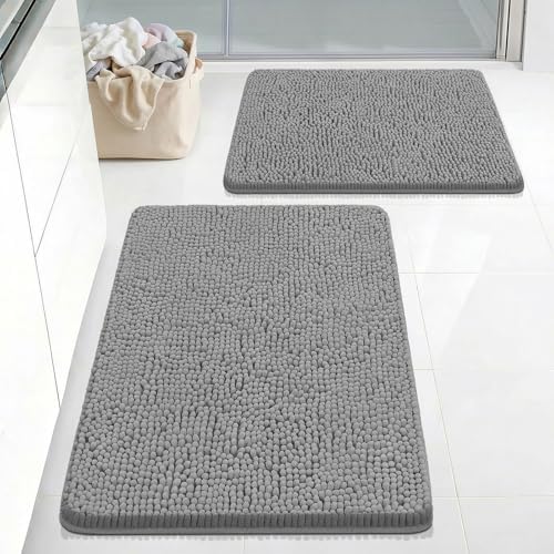 Bcoimo Bath Rug Mat Sets, 2 Piece Extra Soft Chenille Gray Bathroom Mat Set by Bcoimo