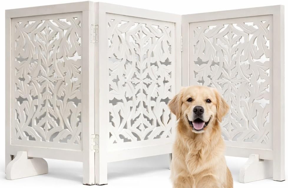 Wooden Dog Gate 54x24, 3 Panel Foldable Pet Gate, Indoor White by TheWoodenTown