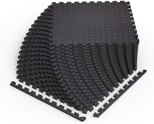 Norsk Foam Floor Gym Mats with Interlocking Tiles, .47" Thick, 24"x24", 30-Pack, 120 Square Feet, Diamond Plate Design, Black