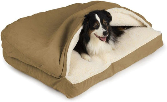 Snoozer Luxury Rectangle Cozy Cave Dog Bed - Indoor Dog Bed with Cover Cave, Covered Calming Burrow for Medium & Large Sized Pets with Blanket Attached, Enclosed, Washable - Large, Camel