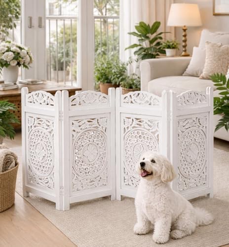 Freestanding Dog Gate 56W x 28H, 4 Panel Foldable Wooden Pet Barrier by TheWoodenTown