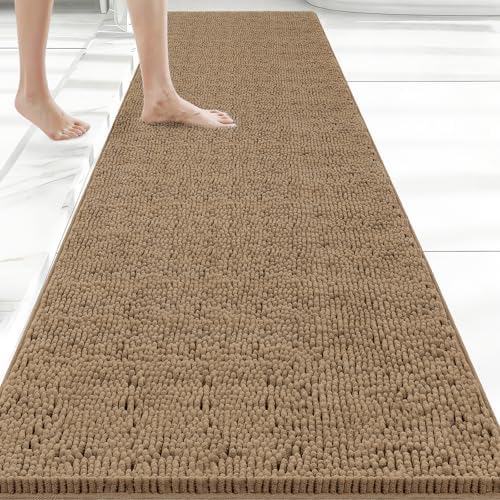 Bcoimo Bath Rug Mat, 60x24 Chenille Non Slip Tan Long Bathroom Runner Rugs by Bcoimo