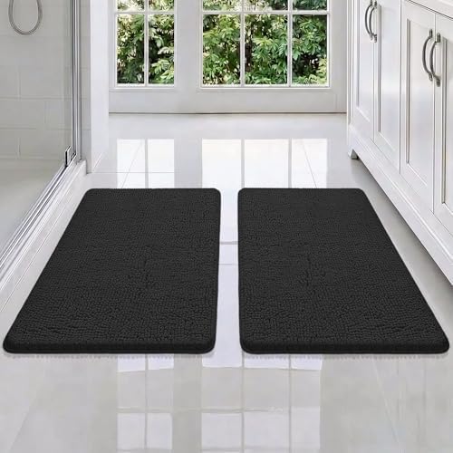 Bcoimo Bath Rug Mat Set, 2 Piece Thick Absorbent Chenille Bathroom Mat Black by Bcoimo