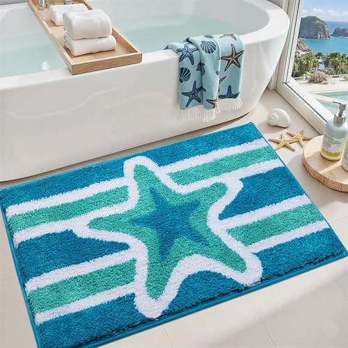 Blue Coastal Bathroom Rugs Soft Absorbent Microfiber Beach Decor by Cevolyn
