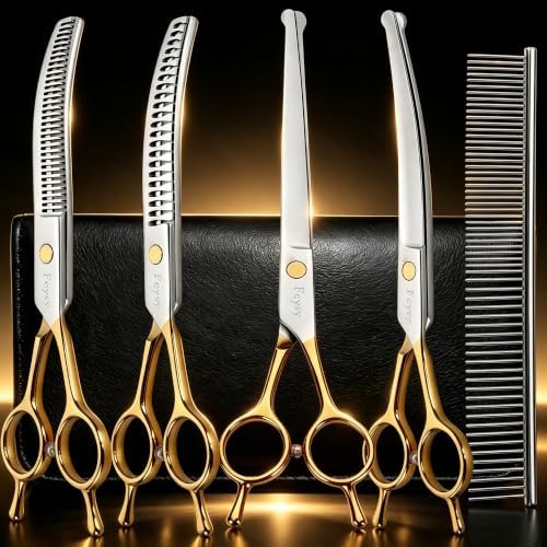 Dog Grooming Scissors Kit, Curved Pet Grooming Shears Set by Fcysy