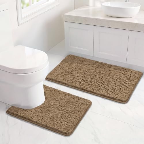 Bcoimo U Shaped Bath Rug Mat Set, 2 Piece Chenille Tan Toilet Bathroom Rugs by Bcoimo