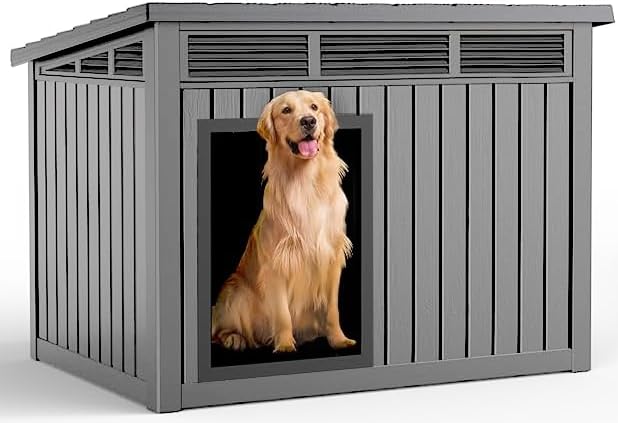 Dog House Indoor Outdoor,Resin Waterproof Puppy Shelter with Air Vents and Elevated Floor,Air Rod on Top to Open,Dog Kennel for Small to Large Dogs(Grey,42.87 * 32.95 * 31.61)