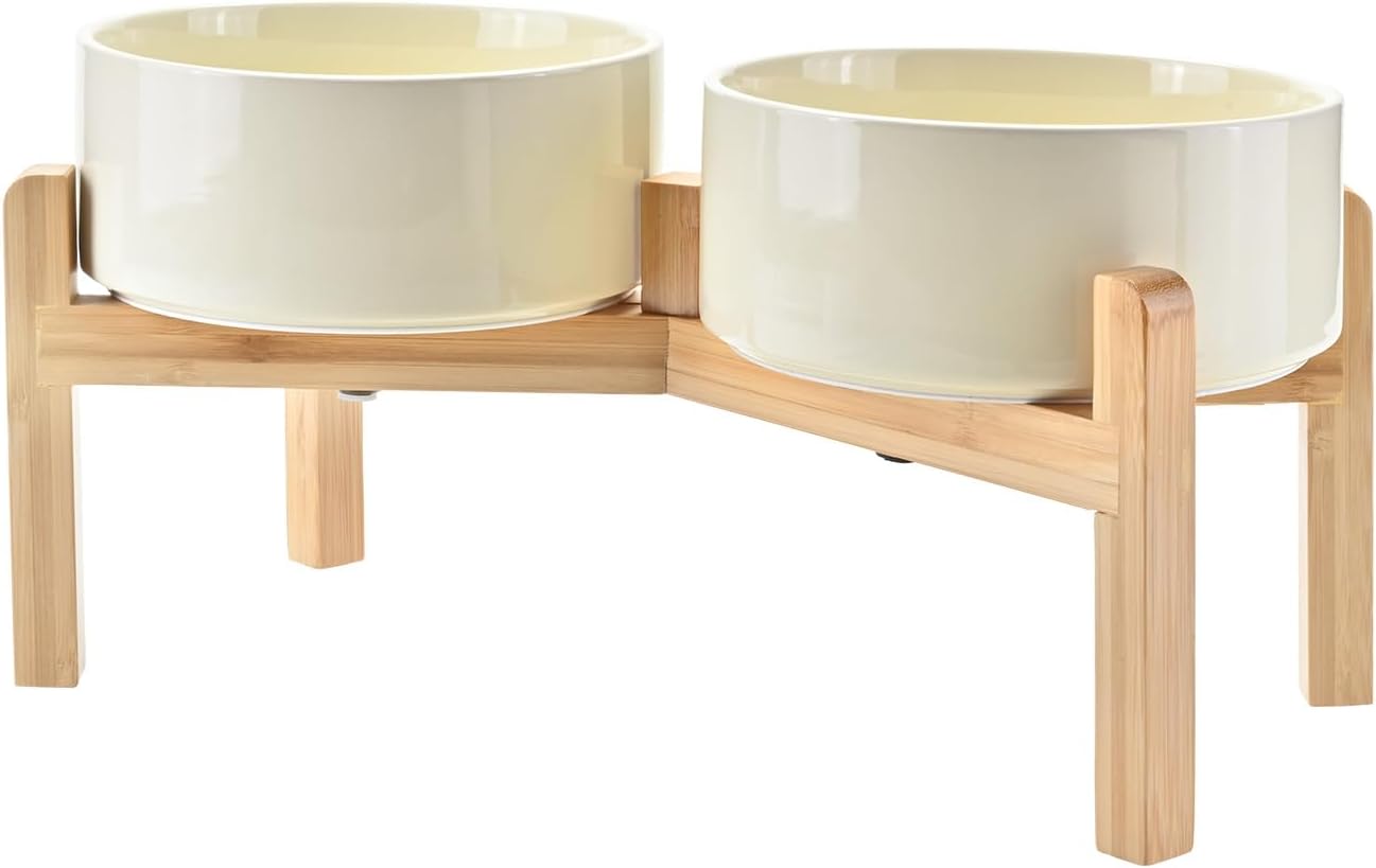 SPUNKYJUNKY Elevated Dog Bowls Ceramic, 7.3'' Dogs Food Water Bowls Raised with Non-Slip Bamboo Stand for Medium to Large Sized Breed Microwave Dishwasher Safe - 42 OZ,Beige