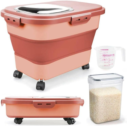 Rice Storage Containers, Collapsible 20 to 30Lbs Food Storage Bin Dispenser with Rolling Wheel and Clear Airtight Lid, BPA Free Flour, Sugar, Cereal and Dog Cat Pet food Containers