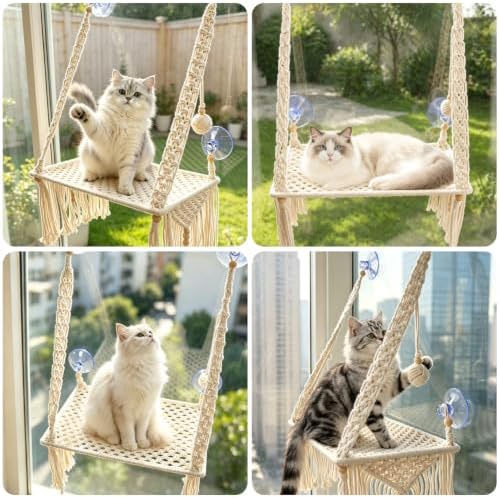 Macrame Tassel Boho Cat Window Perch, 17.7”-11.8” Metal Frame Window Bed - Image 7
