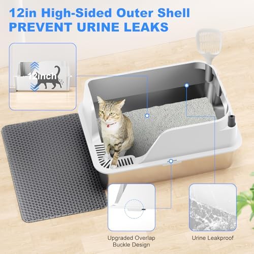Non-Stick Stainless Steel Litter Box, XL Side Open Splash-Proof - Image 4