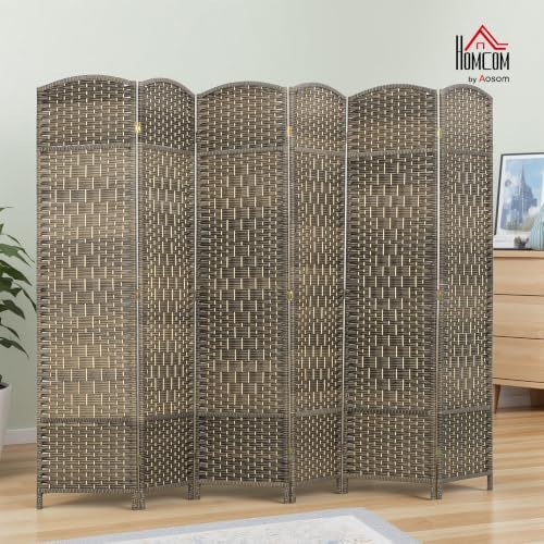 HOMCOM 6 Panel Room Divider 6 Ft Privacy Screen Hand-Woven Dark Rustic Oak - Image 2
