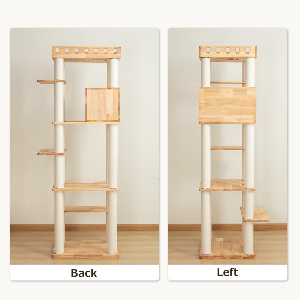 74" Wooden Cat Tree Tower for Large Cats, Multi-Level Cat Climbing Furniture with Scratching Posts, Cat Condo & Hammock, Natural Wood Cat Activity Center (White)