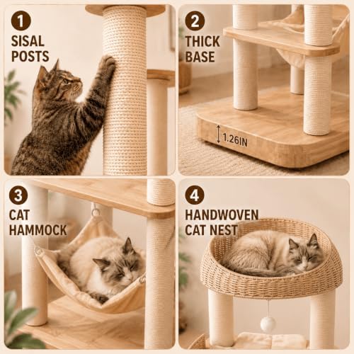 62in Wood Cat Tree for Large Cats, Heavy Duty Tall Cat Tower - Image 3