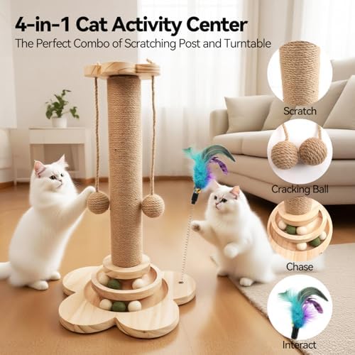 Cat Scratching Post, 4 in 1 Wooden Cat Scratcher Toy, 18.11" Tall Scratch Post - Image 2