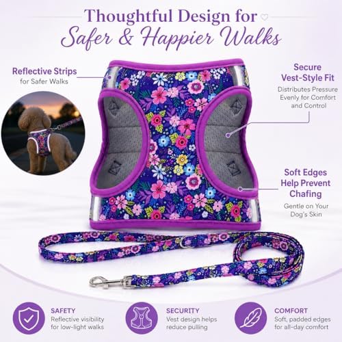 Step in Dog Harness Leash Set- All Weather Reflective No-Pull Floral Pattern - Image 6