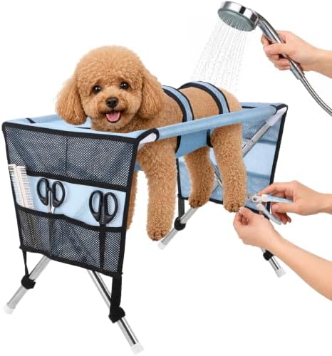 Dog Grooming Hammock, Foldable Pet Table w/ Stainless Steel Stand & Mesh by Dorakitten