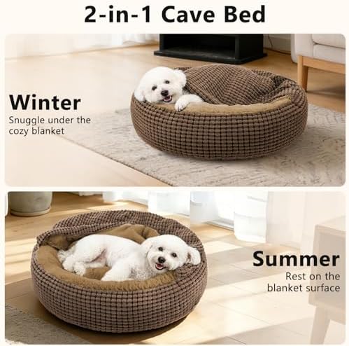 Dog Bed with Attached Blanket for Small Dogs or Cats, Soft Plush Cozy Donut - Image 2