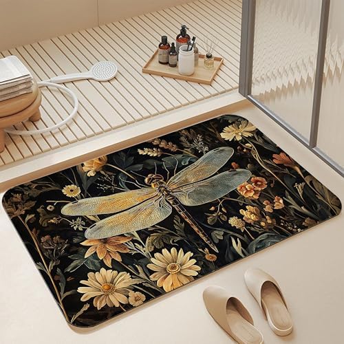 Bathroom Floor Mat, Vintage Dragonfly Bathroom Rugs, Quick Dry Rustic Flowers by Unknown