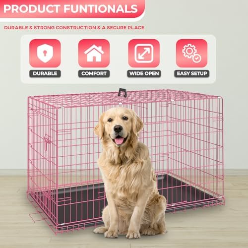 FDW | 48" Foldable Metal Dog Crate | Pink | Cage - Image 2