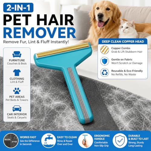 Pet Hair Remover with Reusable Heads, 4-in-1 Portable Carpet Rake, Cat & Dog - Image 2