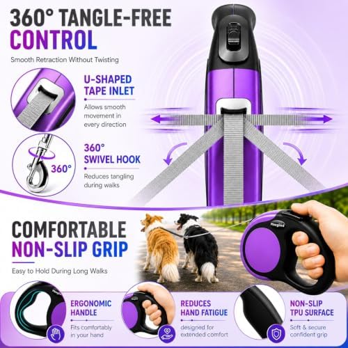 Double Retractable Dog Leash for Two Dogs, Combined Weight Up to 110 lbs – 18.6 - Image 4
