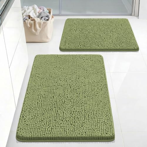 Bcoimo Bath Rugs Mat Set, 2 Piece Non Slip Chenille Sage Bathroom Mat Sets by Bcoimo