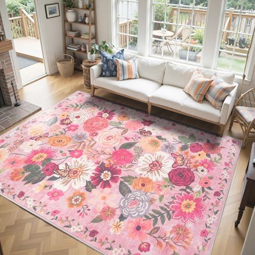 Pink Floral Large Washable Area Rug 8x10 - Image 2