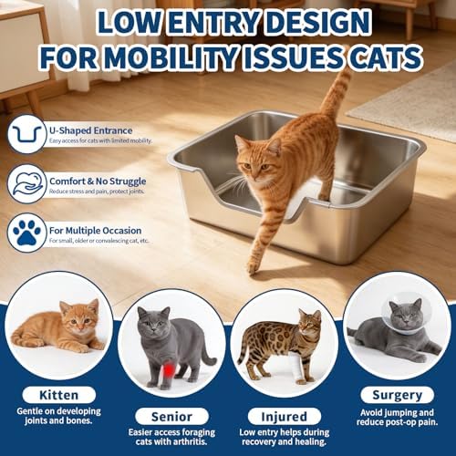 FHTONGE Low Entry Thickened Stainless Steel Cat Litter Box - Image 3