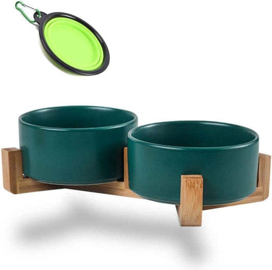 Petygooing Dog Bowls,Green Ceramic Cat Dog Bowl Set with Stand for Food and Water Feeder,Non-Slip Cute Modern Pet Dishes for Cats Small and Medium Size Dogs (28OZ/6.1 in)