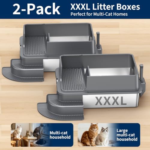 Stainless Steel Cat Litter Box – 2-Pack Extra Large Open Tray, Deep Gray - Image 3