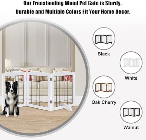 LZRS 3-Panel Freestanding Adjustable Wooden Dog Gate—30" Tall Foldable Pet - Image 4