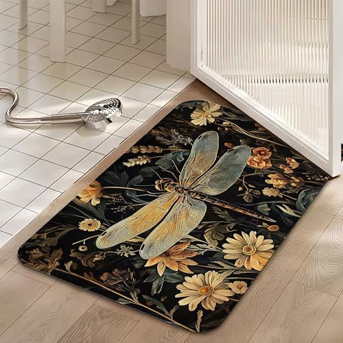 Bathroom Floor Mat, Vintage Dragonfly Bathroom Rugs, Quick Dry Rustic Flowers - Image 5