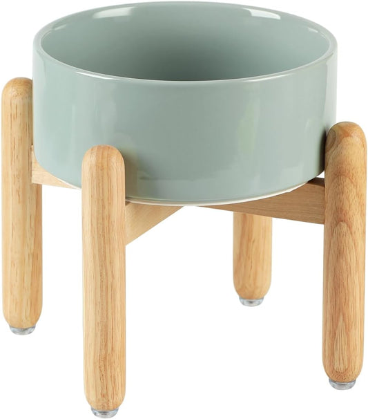 Ceramic 7.3inch Raised Dog Bowl Set, Elevated with Wooden Stand, Food and Water Bowl for Medium Breed Dogs, Weighted Dog Dishes, Pet Feeder(Light Green)