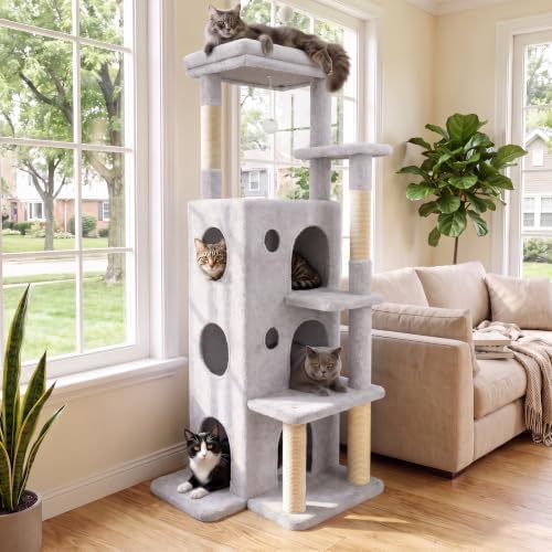 48" Cat Apartment Cat Tree, 3 Cozy Cat Condos, Light Gray by BaoheDC