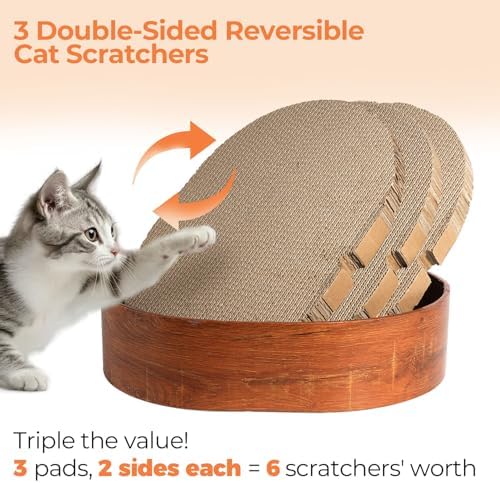 Oval Cat Scratcher Bed 16 in, 3 Reversible Cardboard Scratch Pads - Image 4