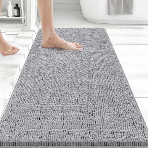 Bcoimo Bath Rug Mat, 44x24 Chenille Non Slip Gray Long Bathroom Runner Rugs by Bcoimo